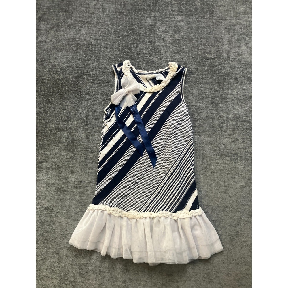 The Eagle's Eye A-Line Dress Girls 6 Blue White Striped Cotton Sleeveless Ruffle